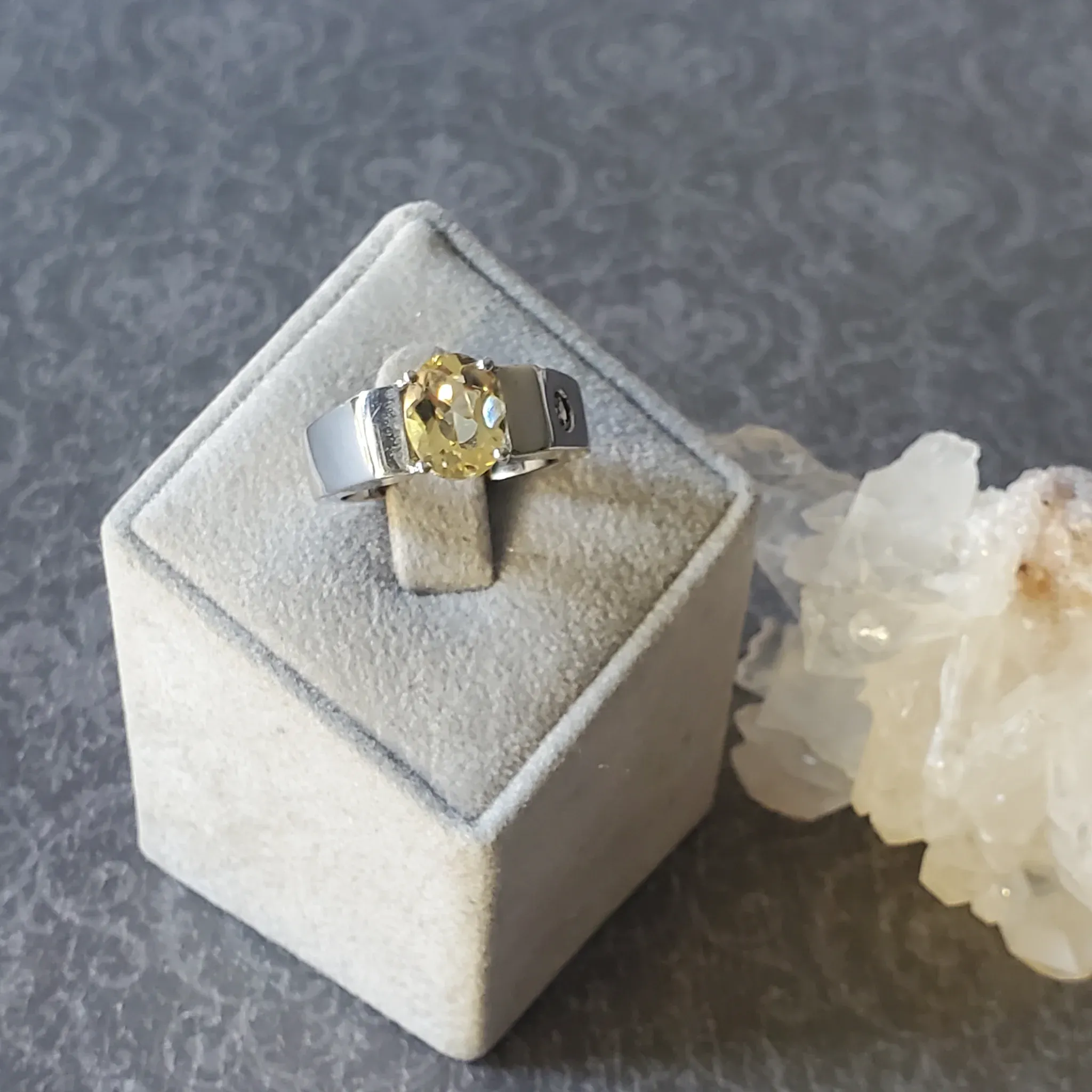 Yellow Beryl with Tourmaline Sterling Silver Ring